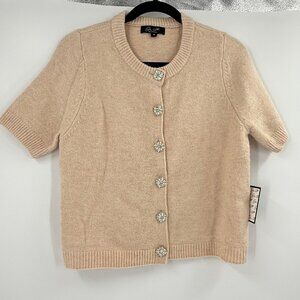 On 12th Beige Short Sleeve Cardigan M Crystal Button Accents Polyester Blend